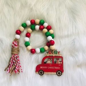 Farmhouse Christmas wood bead garland, tiered tray decor